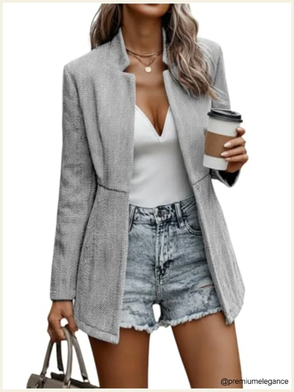 Women's Herringbone Tweed Blazer Long Plaid Jacket